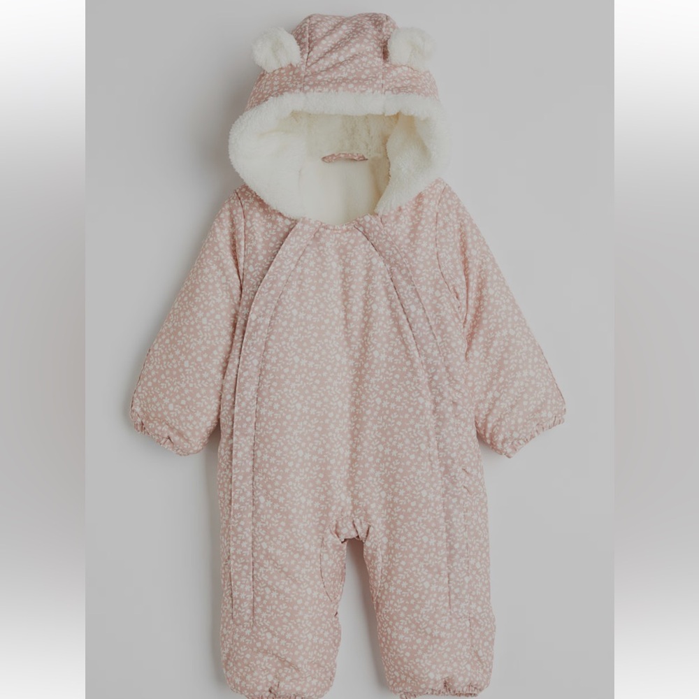 Pink Floral Baby Snowsuit with Plush Hood